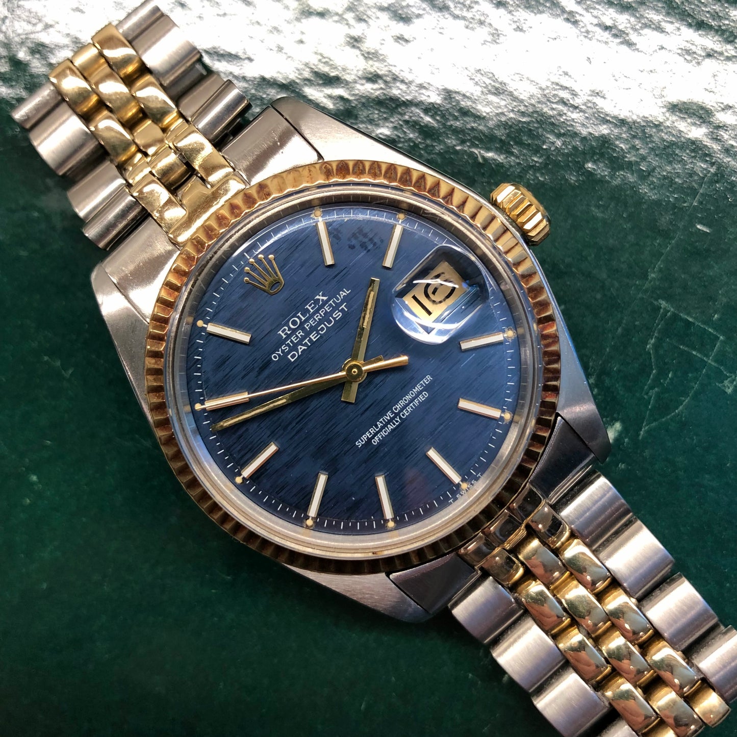 1972 Rolex Datejust 1601 Blue Mosaic Dial Two Tone Jubilee Fluted Automatic Wristwatch