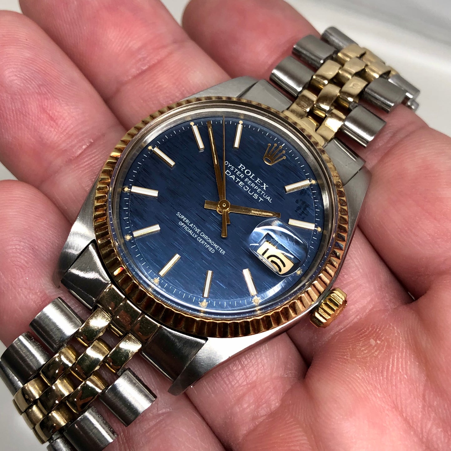 1972 Rolex Datejust 1601 Blue Mosaic Dial Two Tone Jubilee Fluted Automatic Wristwatch