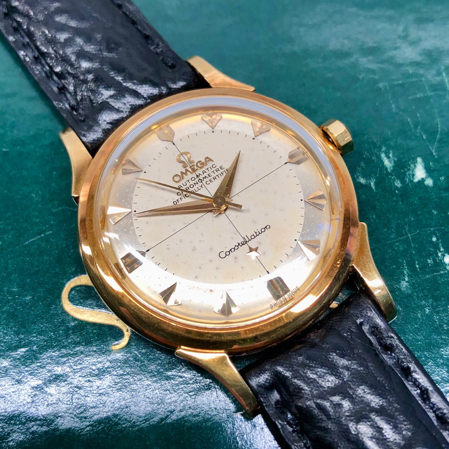 1954 Omega Constellation De Luxe 2852 2853 SC 18K Yellow Gold Chronometer Automatic Wristwatch - HASHTAGWATCHCO