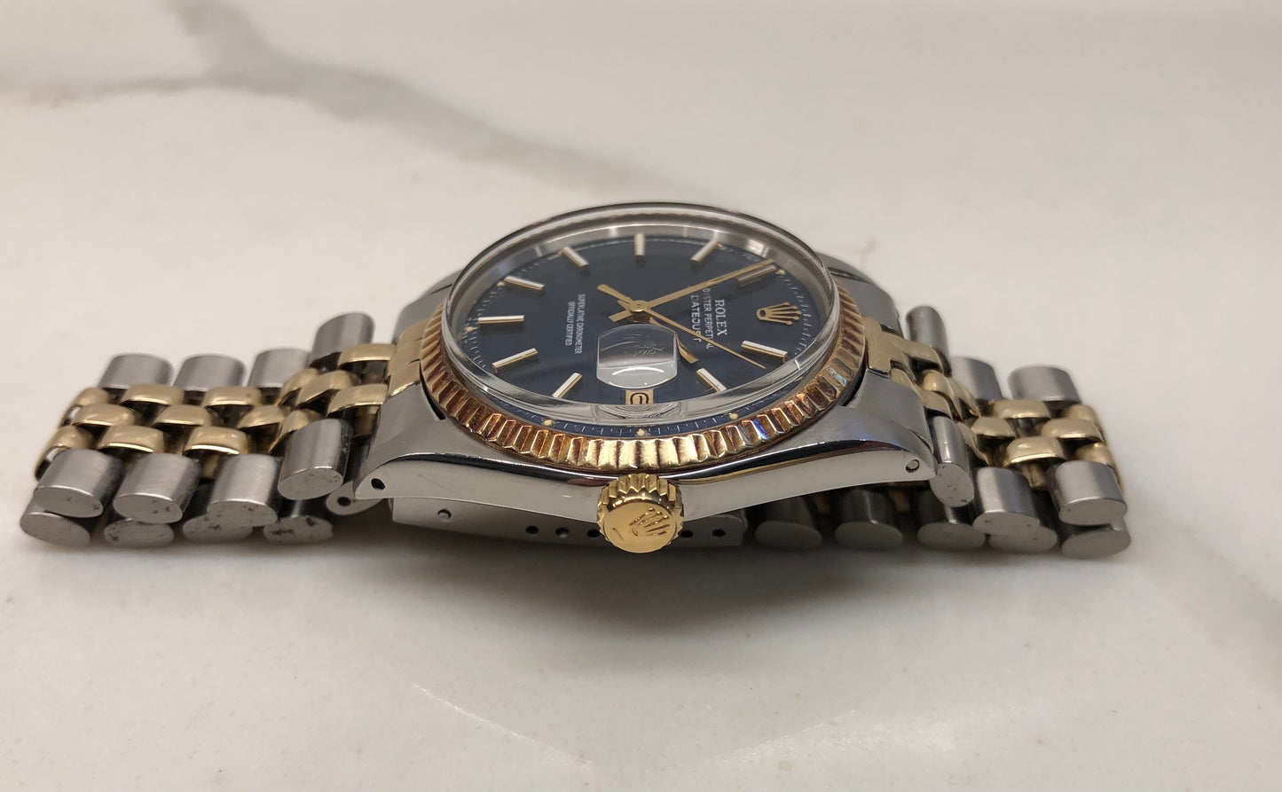 1972 Rolex Datejust 1601 Blue Mosaic Dial Two Tone Jubilee Fluted Automatic Wristwatch