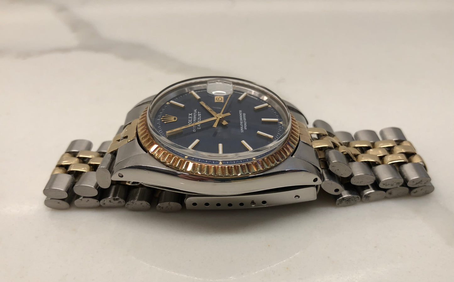 1972 Rolex Datejust 1601 Blue Mosaic Dial Two Tone Jubilee Fluted Automatic Wristwatch