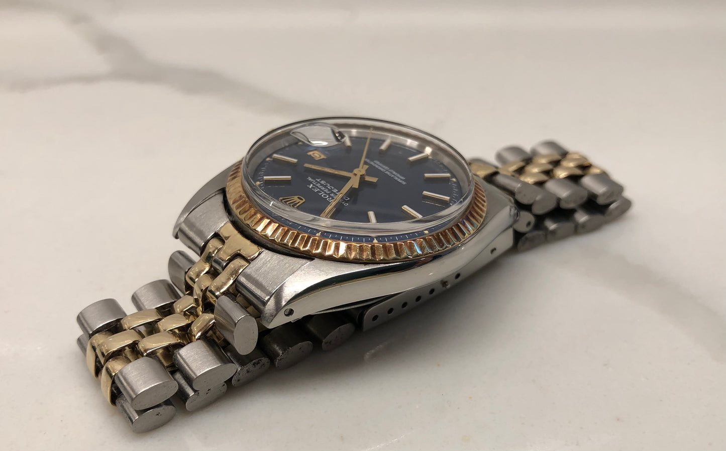 1972 Rolex Datejust 1601 Blue Mosaic Dial Two Tone Jubilee Fluted Automatic Wristwatch
