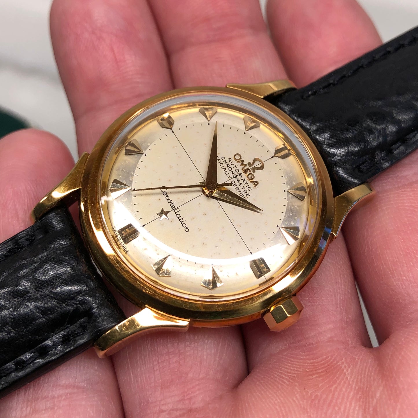 1954 Omega Constellation De Luxe 2852 2853 SC 18K Yellow Gold Chronometer Automatic Wristwatch - HASHTAGWATCHCO