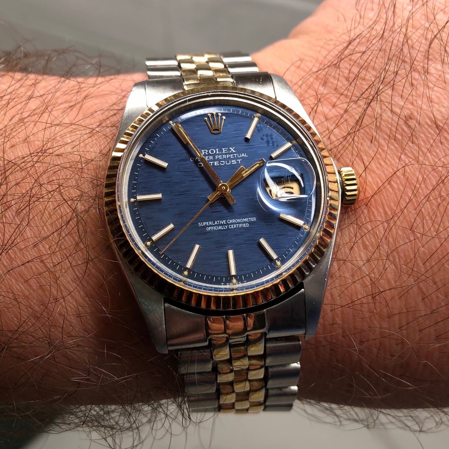 1972 Rolex Datejust 1601 Blue Mosaic Dial Two Tone Jubilee Fluted Automatic Wristwatch