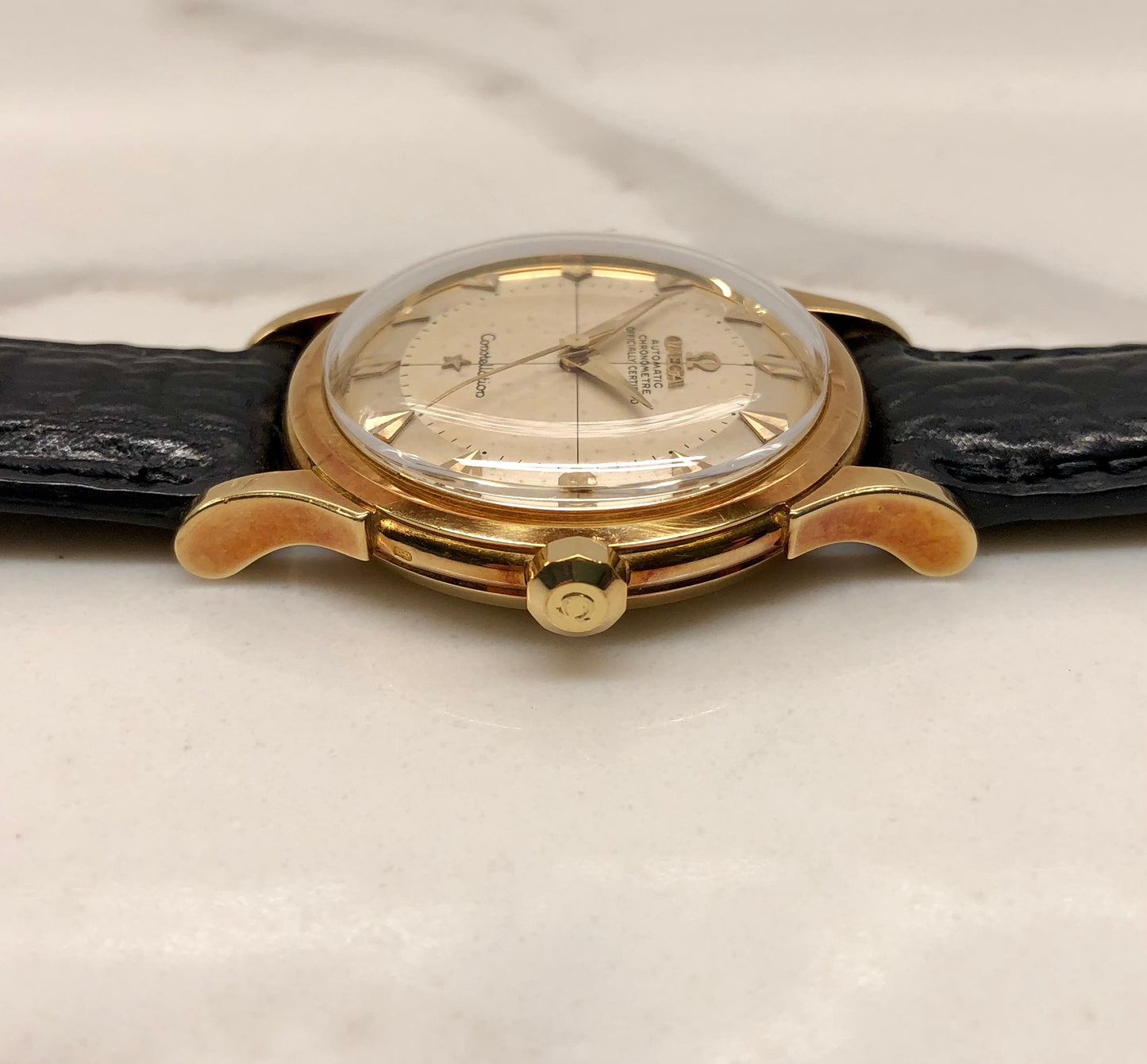 1954 Omega Constellation De Luxe 2852 2853 SC 18K Yellow Gold Chronometer Automatic Wristwatch - HASHTAGWATCHCO