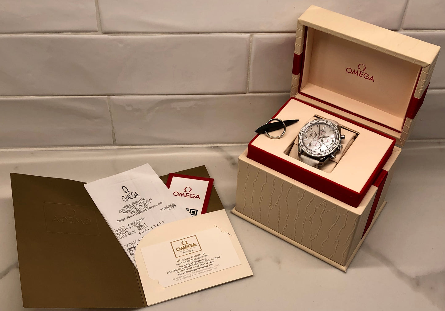 2022 Omega Speedmaster 38 Chronograph 324.38.38.50.55.001 Diamond MOP Dial and Bezel Automatic Wristwatch with Box