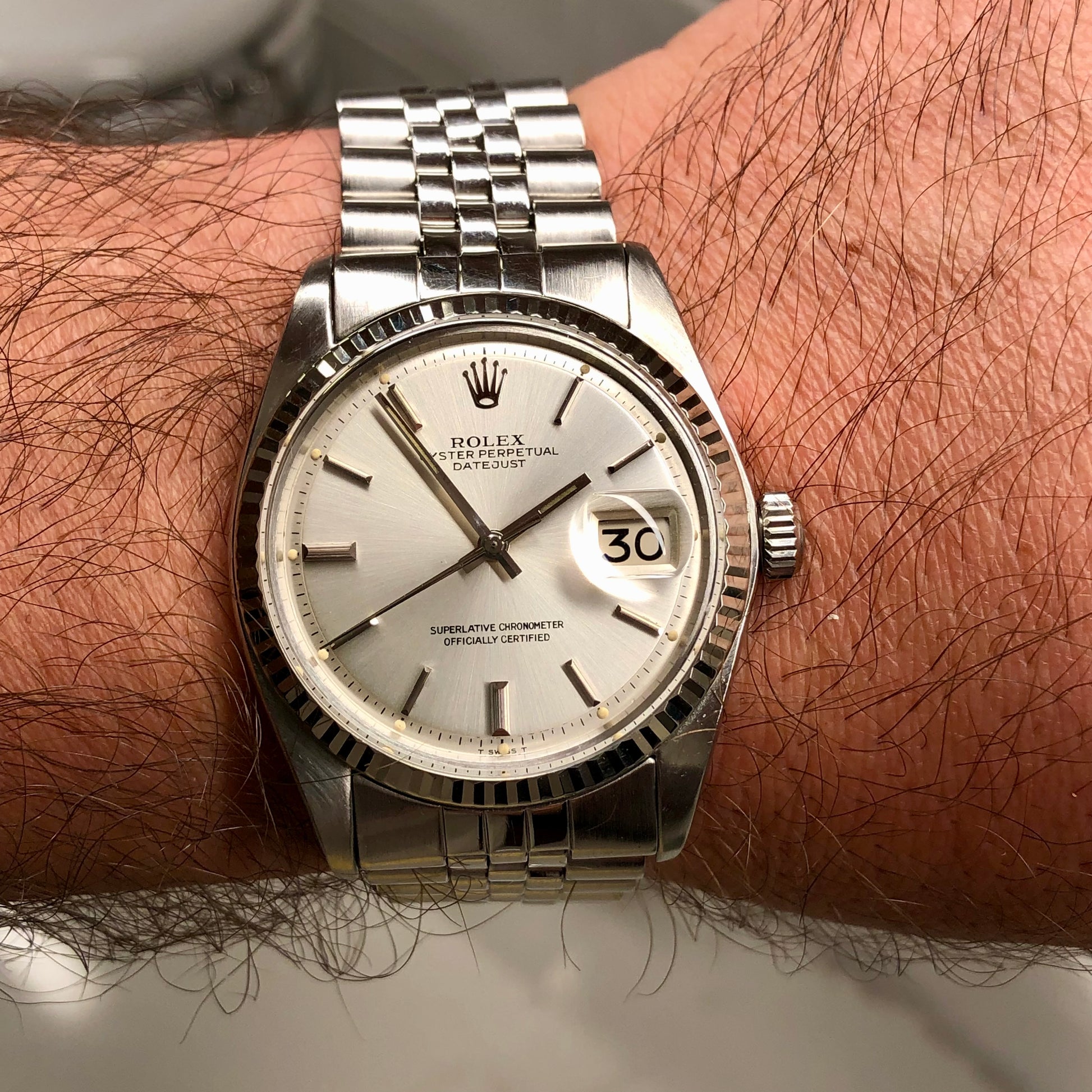 1973 Rolex Datejust 1601 Stainless Steel Fluted Bezel Silver Dial Jubilee Automatic Wristwatch - HASHTAGWATCHCO