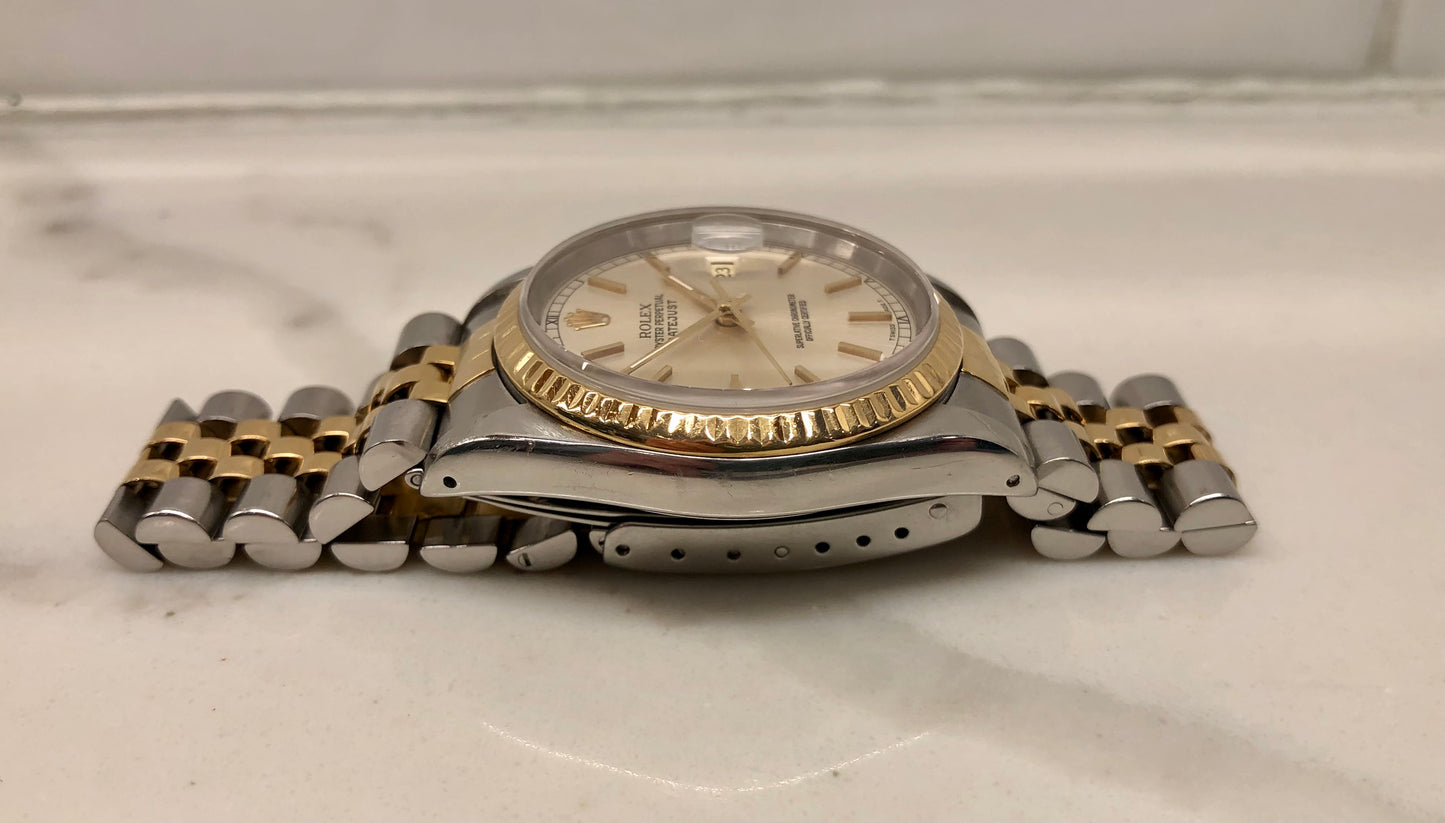 1990 Rolex Datejust 16233 Silver Stainless Steel Gold Two Tone Jubilee Wristwatch - HASHTAGWATCHCO