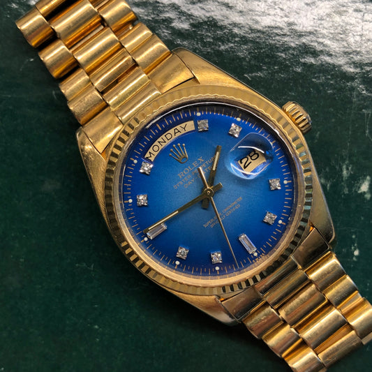 1976 Rolex President 1803 Day Date Yellow Gold Blue Diamond Dial Automatic Wristwatch - HASHTAGWATCHCO