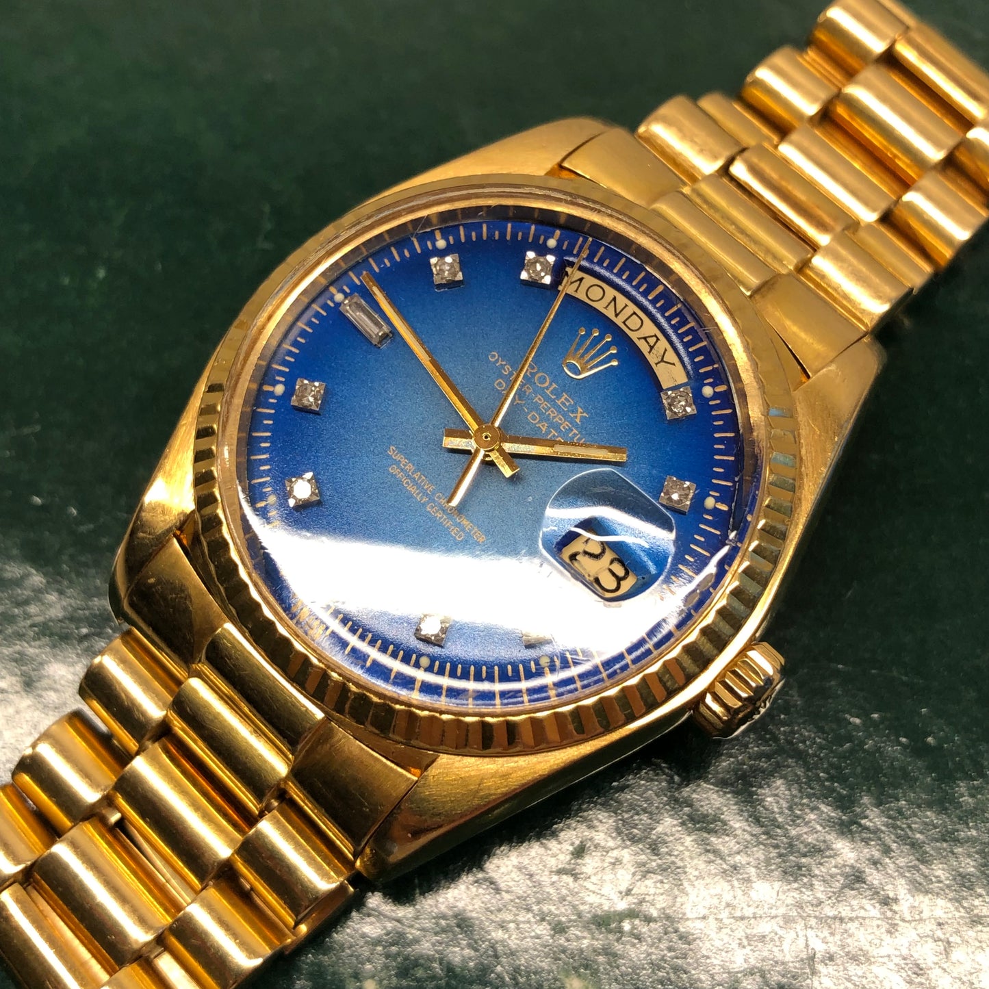 1976 Rolex President 1803 Day Date Yellow Gold Blue Diamond Dial Automatic Wristwatch - HASHTAGWATCHCO