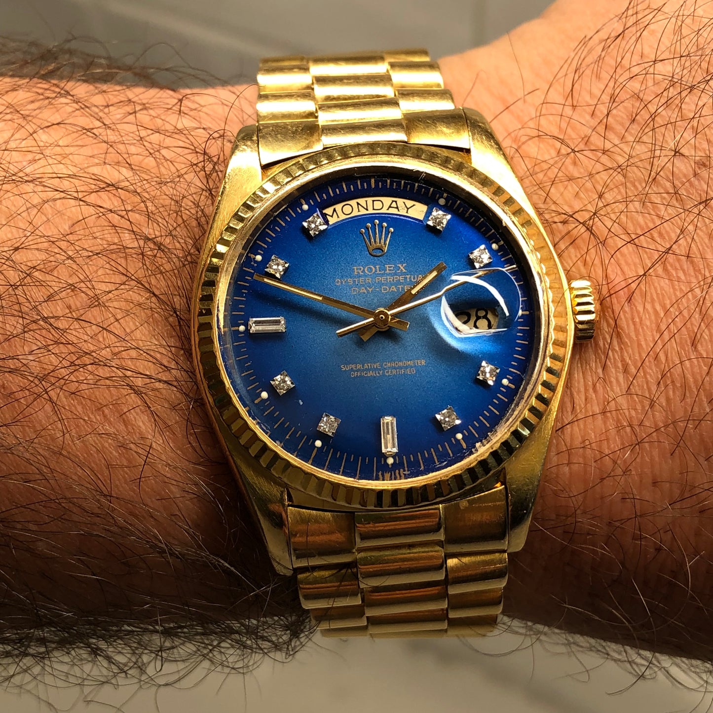 1976 Rolex President 1803 Day Date Yellow Gold Blue Diamond Dial Automatic Wristwatch - HASHTAGWATCHCO