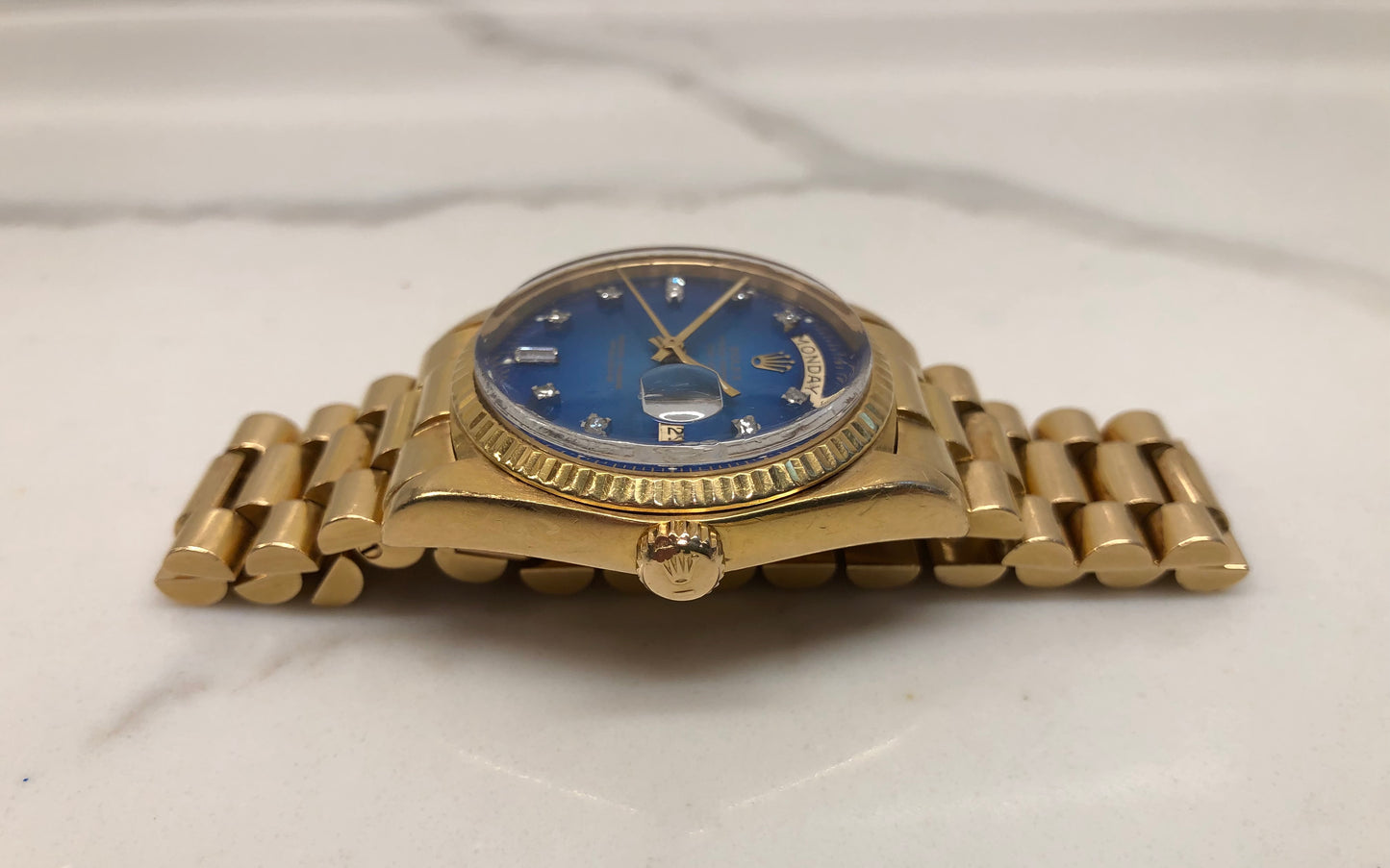 1976 Rolex President 1803 Day Date Yellow Gold Blue Diamond Dial Automatic Wristwatch - HASHTAGWATCHCO