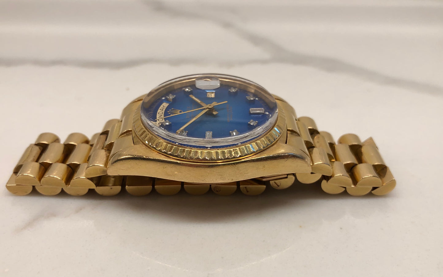 1976 Rolex President 1803 Day Date Yellow Gold Blue Diamond Dial Automatic Wristwatch - HASHTAGWATCHCO