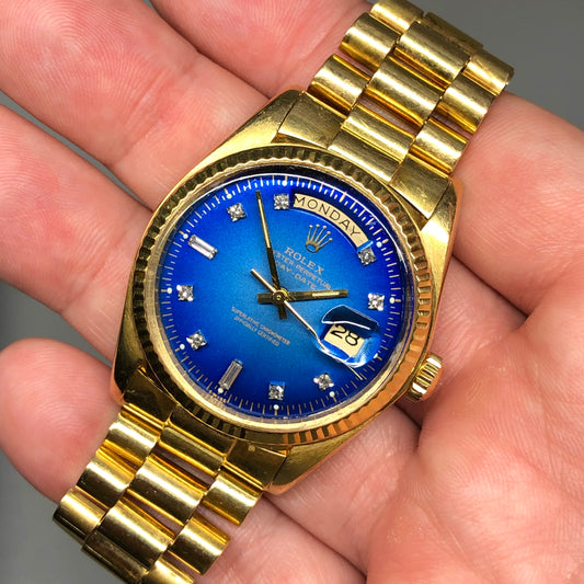 1976 Rolex President 1803 Day Date Yellow Gold Blue Diamond Dial Automatic Wristwatch - HASHTAGWATCHCO