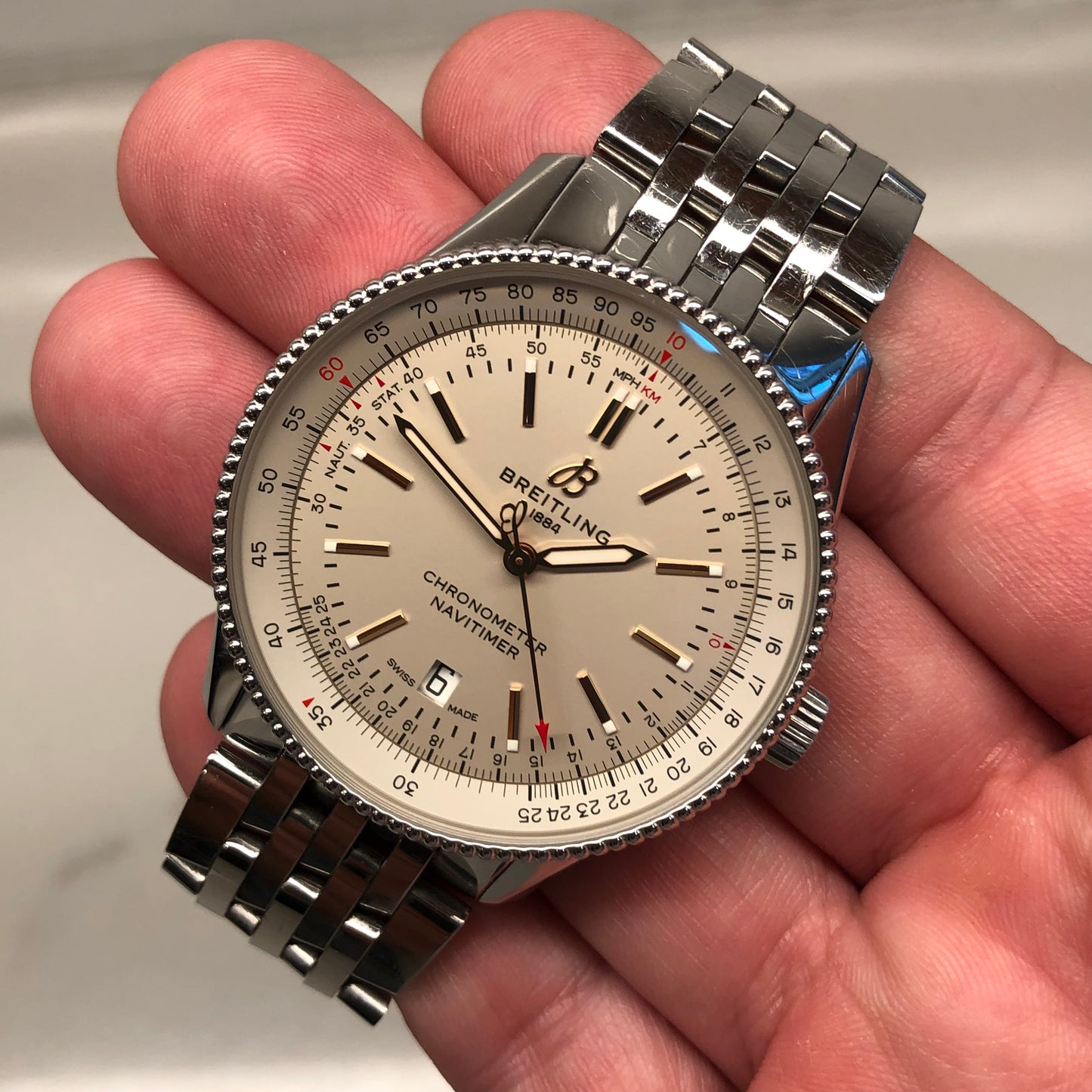 Breitling Navitimer A17326 Automatic 41 Stainless Steel Silver Wristwatch with Box and Papers - HASHTAGWATCHCO