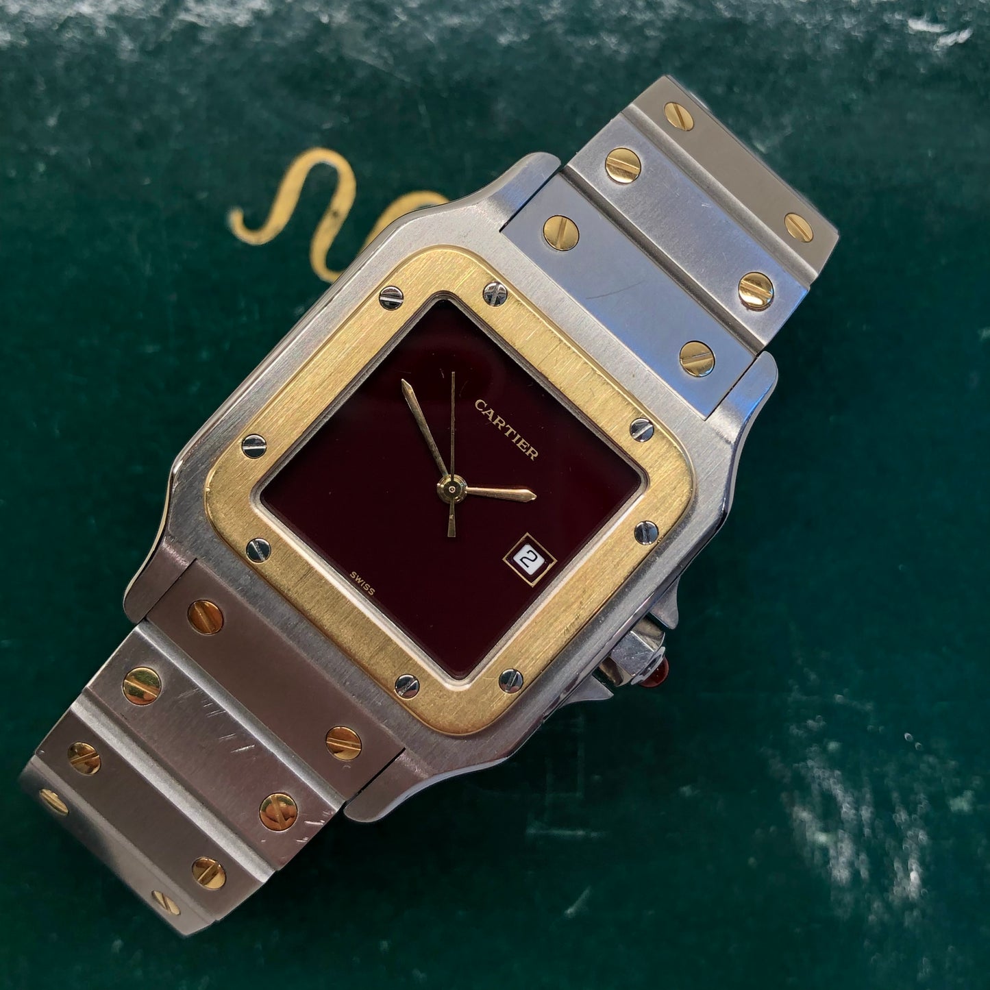 1980s Cartier Santos 2961 Oxblood Burgundy Two Tone Automatic Wristwatch - HASHTAGWATCHCO