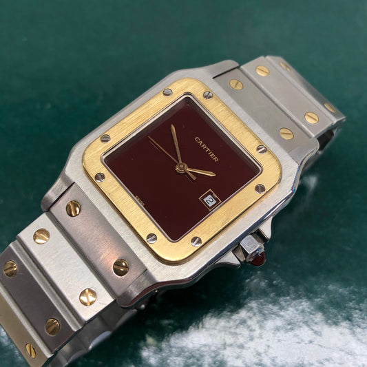 1980s Cartier Santos 2961 Oxblood Burgundy Two Tone Automatic Wristwatch - HASHTAGWATCHCO