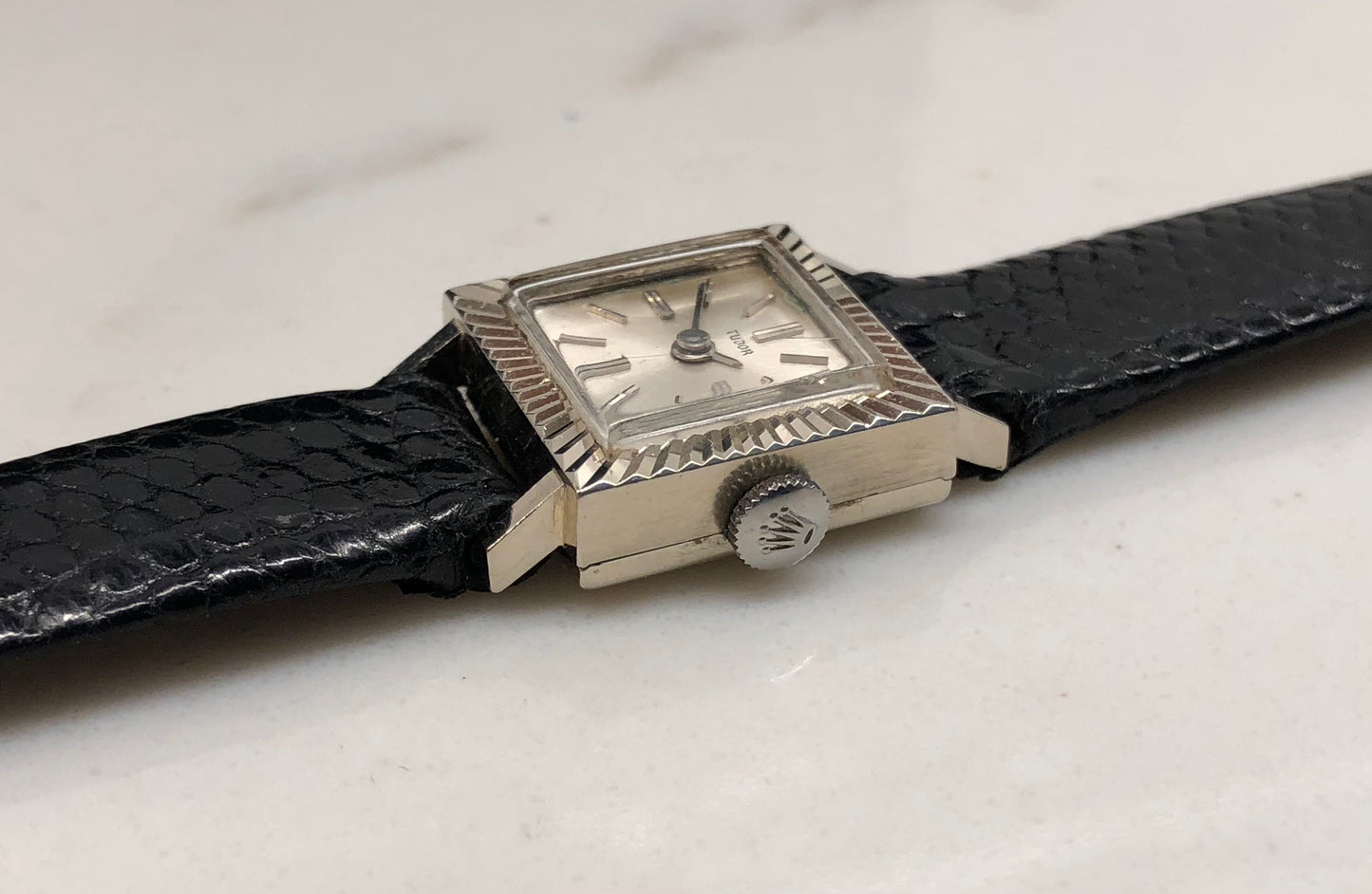 1966 Tudor 18K White Gold Ladies 1665 Square Fluted Bezel Leather Strap Wristwatch - HASHTAGWATCHCO