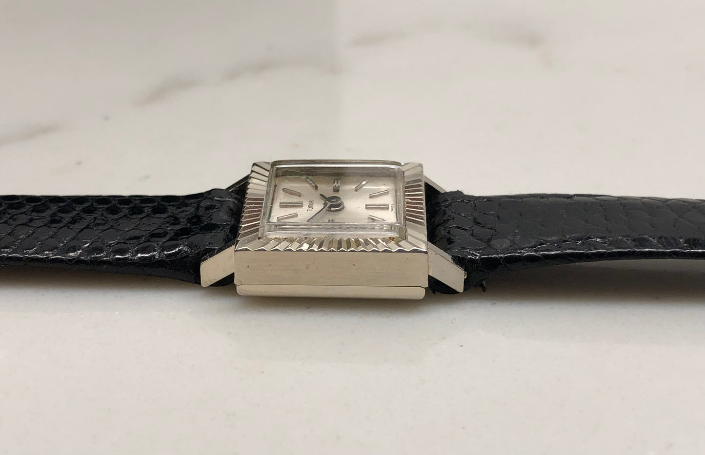 1966 Tudor 18K White Gold Ladies 1665 Square Fluted Bezel Leather Strap Wristwatch - HASHTAGWATCHCO