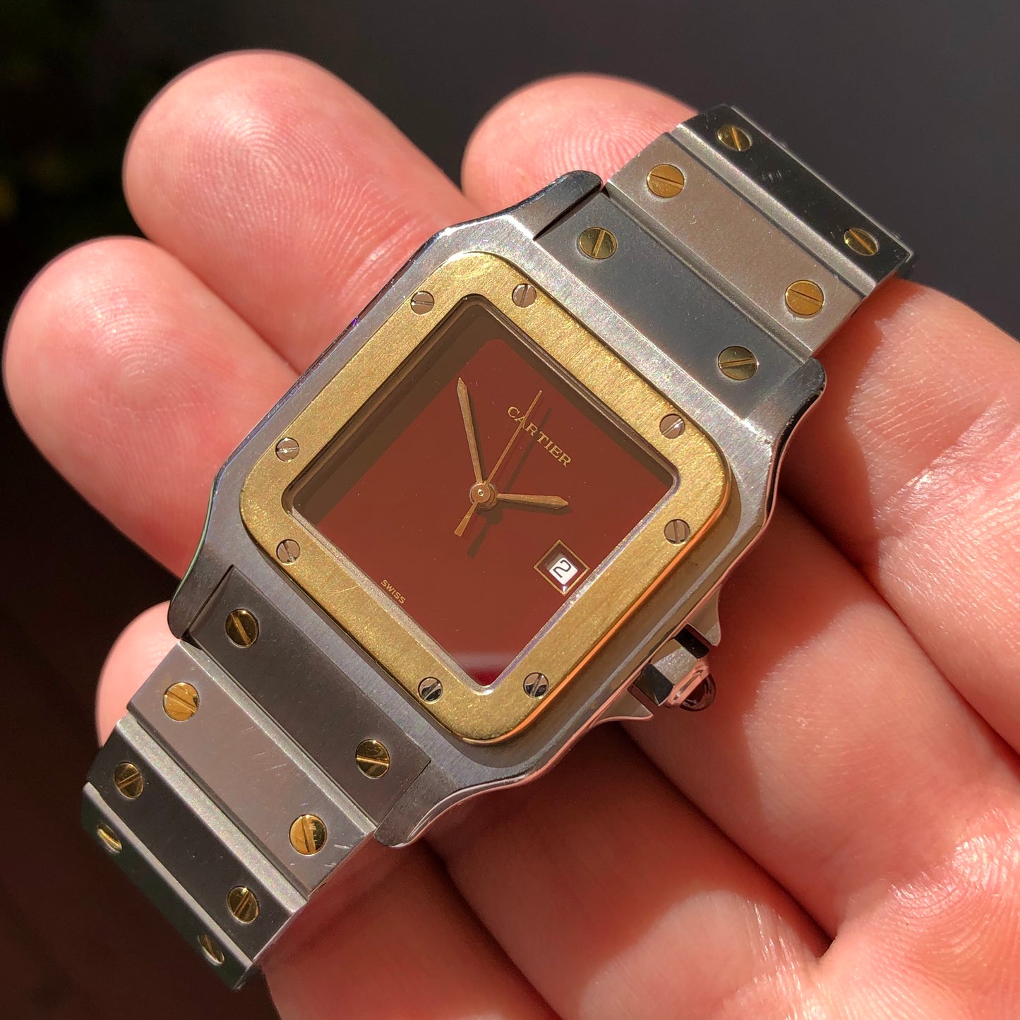 1980s Cartier Santos 2961 Oxblood Burgundy Two Tone Automatic Wristwatch - HASHTAGWATCHCO