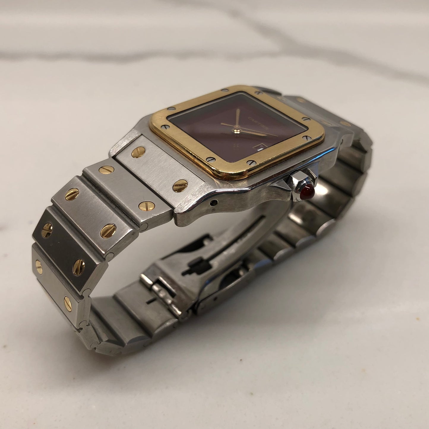 1980s Cartier Santos 2961 Oxblood Burgundy Two Tone Automatic Wristwatch - HASHTAGWATCHCO