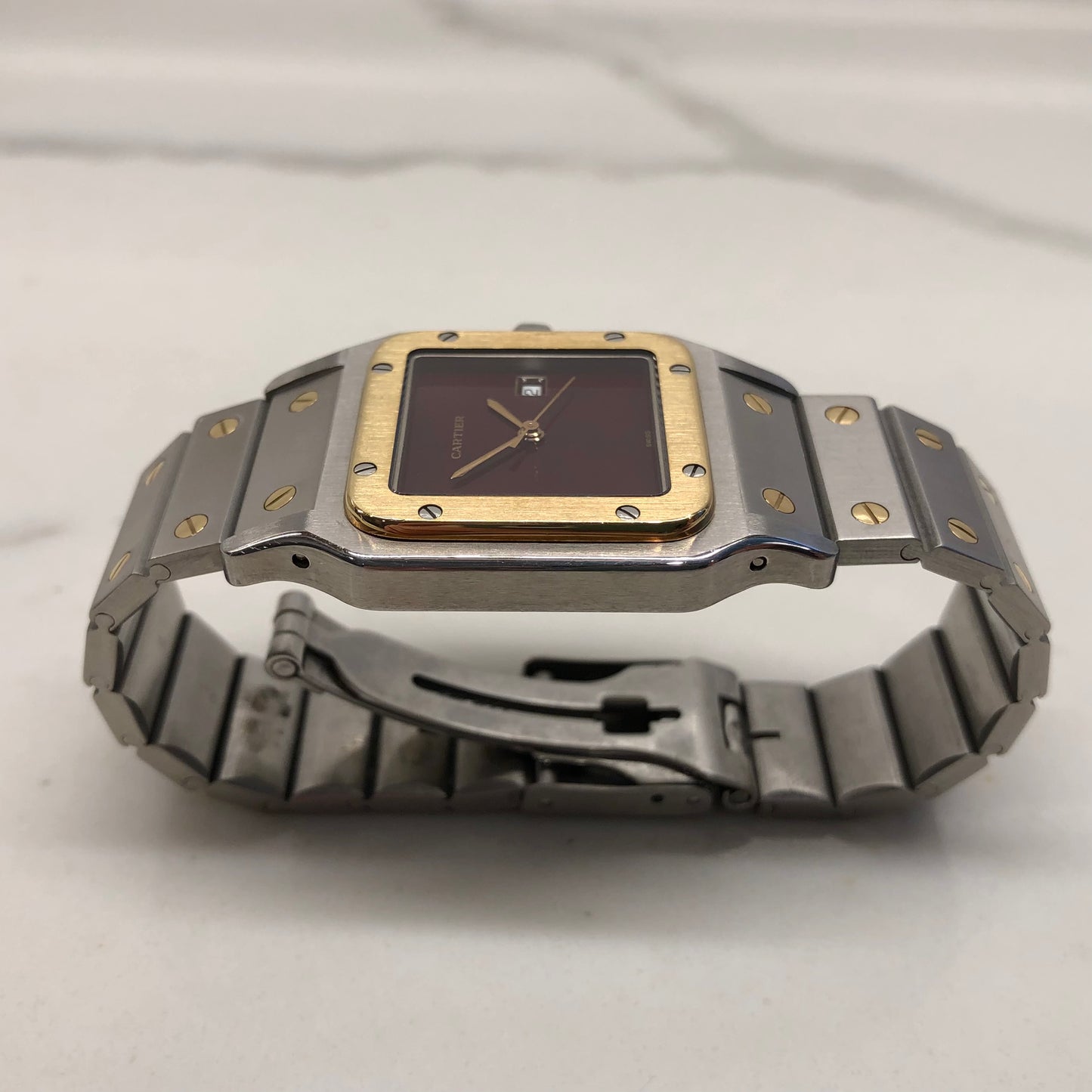 1980s Cartier Santos 2961 Oxblood Burgundy Two Tone Automatic Wristwatch - HASHTAGWATCHCO