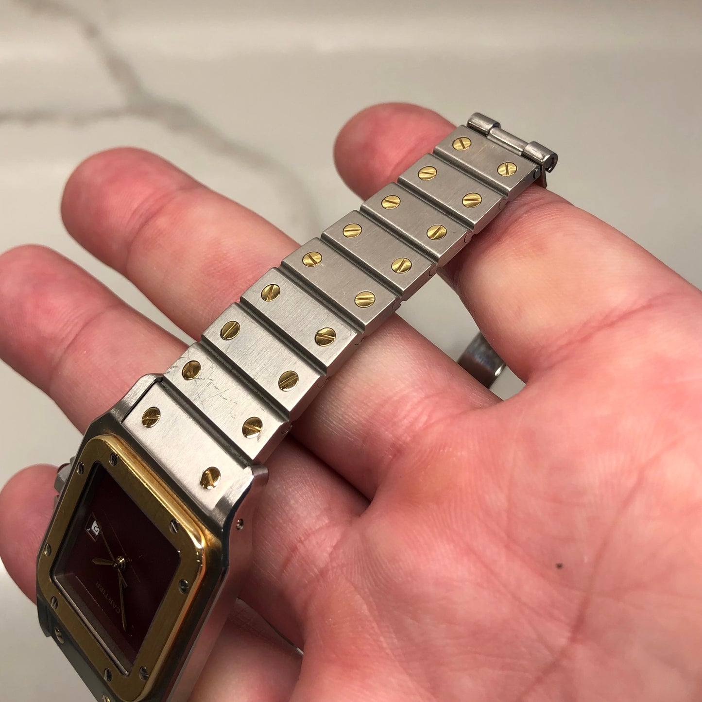1980s Cartier Santos 2961 Oxblood Burgundy Two Tone Automatic Wristwatch - HASHTAGWATCHCO
