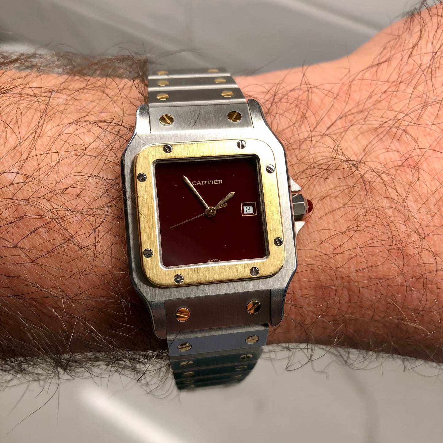 1980s Cartier Santos 2961 Oxblood Burgundy Two Tone Automatic Wristwatch - HASHTAGWATCHCO