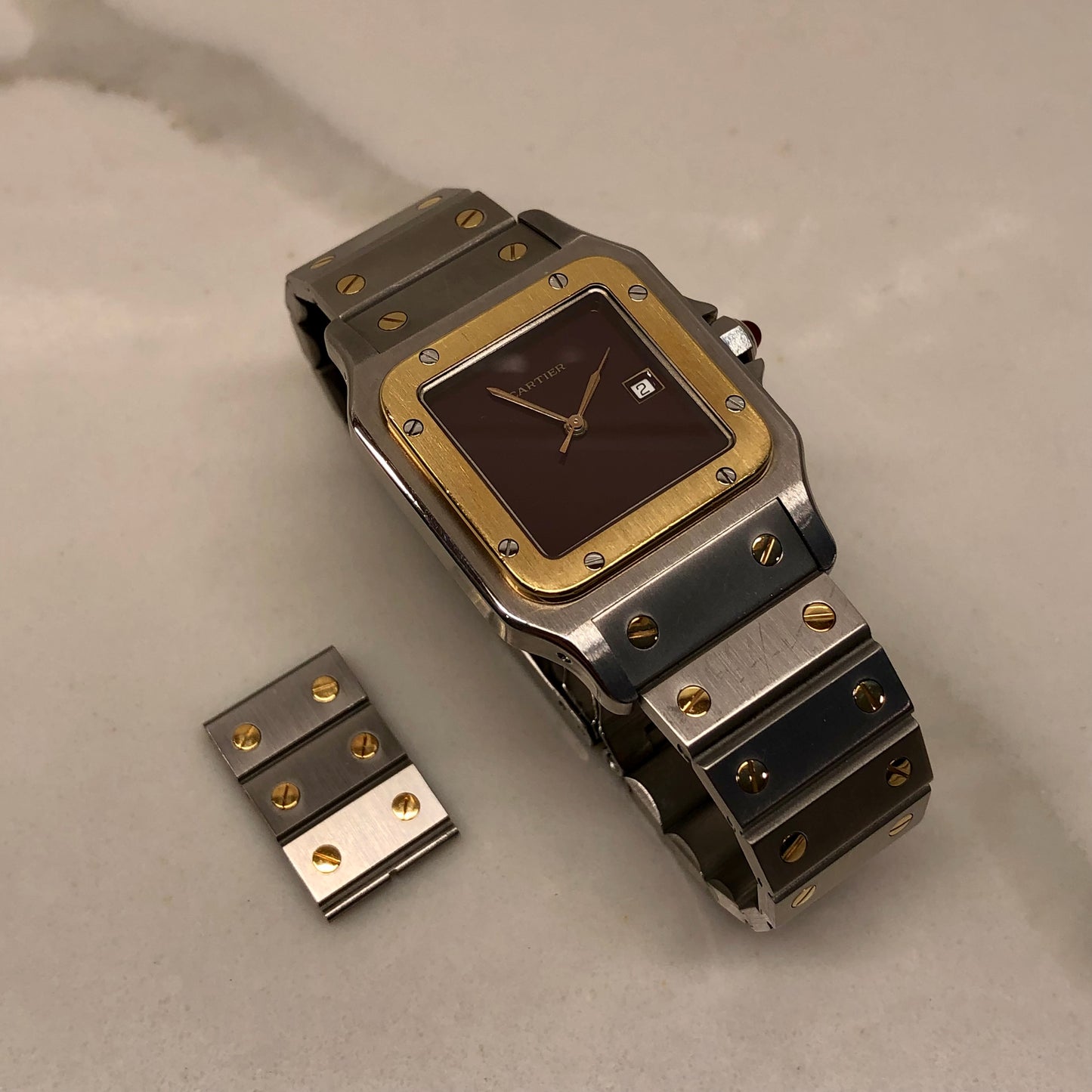 1980s Cartier Santos 2961 Oxblood Burgundy Two Tone Automatic Wristwatch - HASHTAGWATCHCO