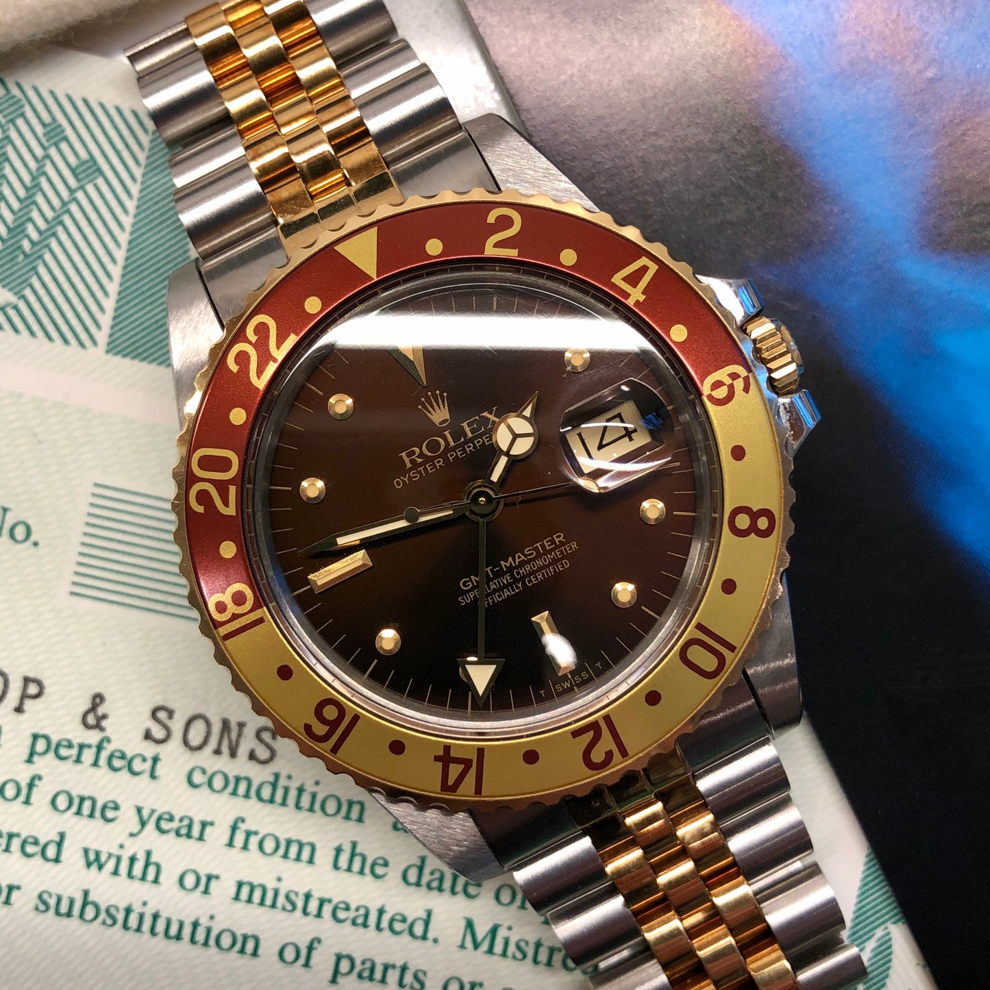 1985 Rolex GMT MASTER 16753 Root Beer Two Tone Steel and Gold Jubilee Nipple Dial Wristwatch with Box and Papers - HASHTAGWATCHCO