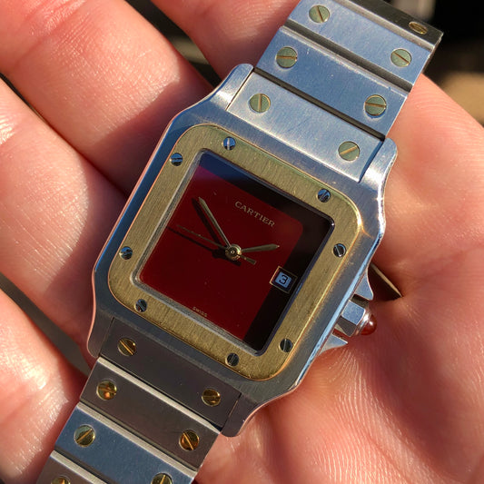 1980s Cartier Santos 2961 Oxblood Burgundy Two Tone Automatic Wristwatch - HASHTAGWATCHCO