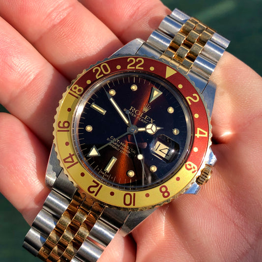 1985 Rolex GMT MASTER 16753 Root Beer Two Tone Steel and Gold Jubilee Nipple Dial Wristwatch with Box and Papers - HASHTAGWATCHCO