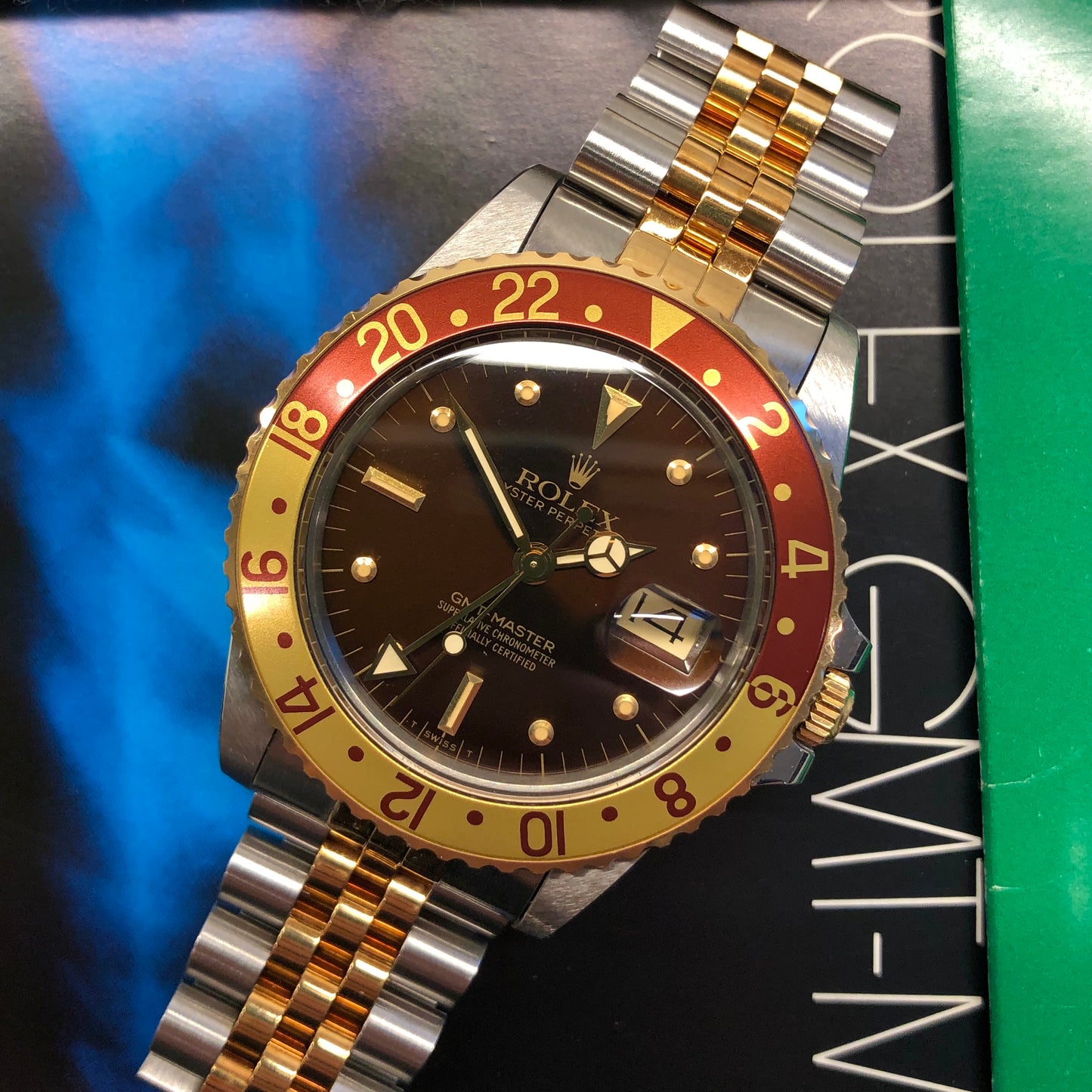 1985 Rolex GMT MASTER 16753 Root Beer Two Tone Steel and Gold Jubilee Nipple Dial Wristwatch with Box and Papers - HASHTAGWATCHCO