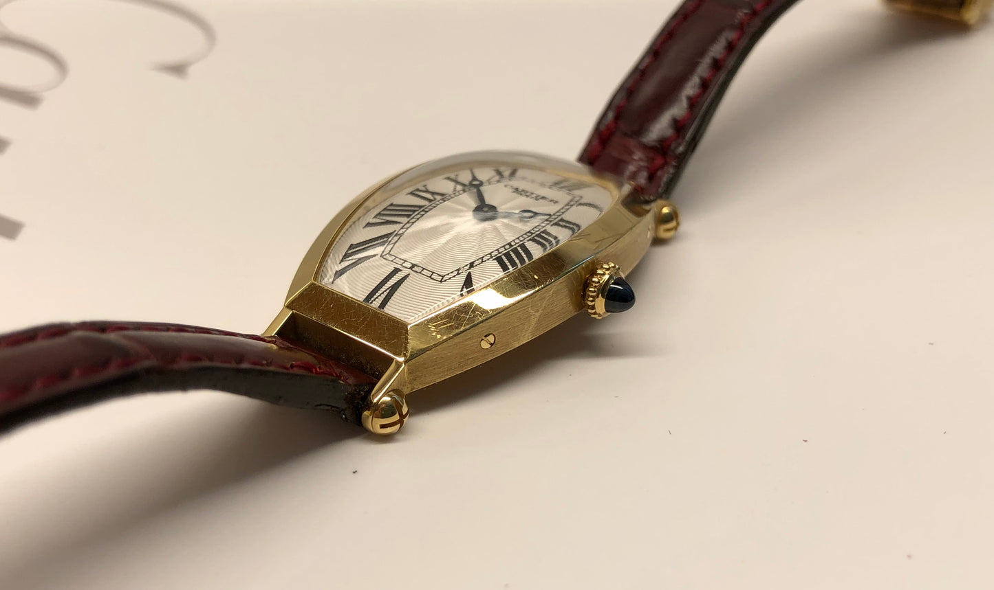 2002 Cartier Tonneau 2451D 18K Yellow Gold Collection Privée Wristwatch with Box and Papers - HASHTAGWATCHCO