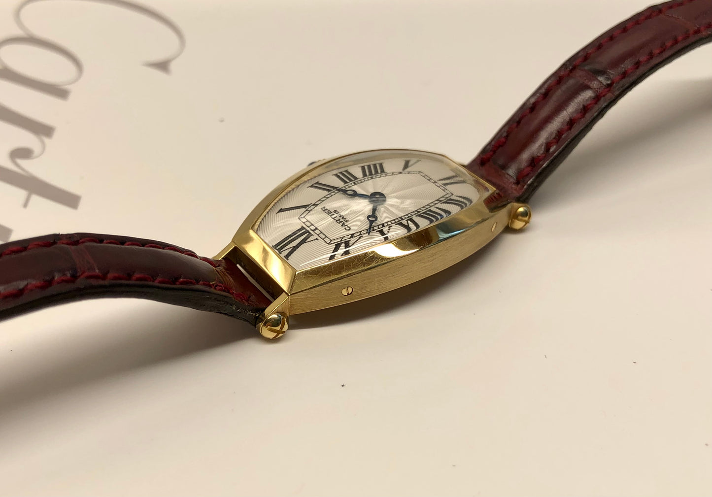 2002 Cartier Tonneau 2451D 18K Yellow Gold Collection Privée Wristwatch with Box and Papers - HASHTAGWATCHCO