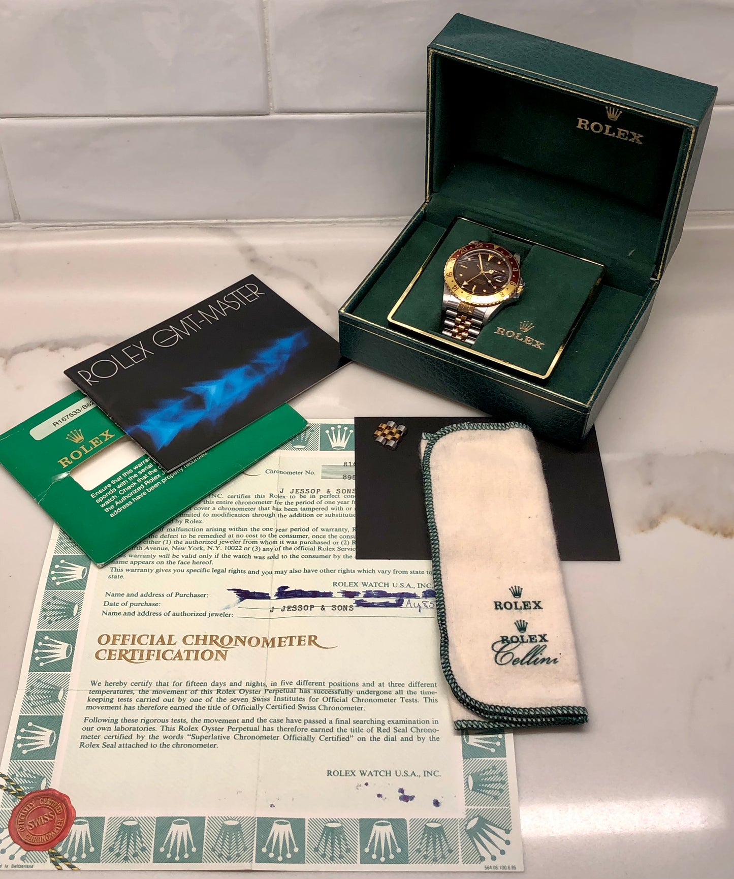 1985 Rolex GMT MASTER 16753 Root Beer Two Tone Steel and Gold Jubilee Nipple Dial Wristwatch with Box and Papers - HASHTAGWATCHCO