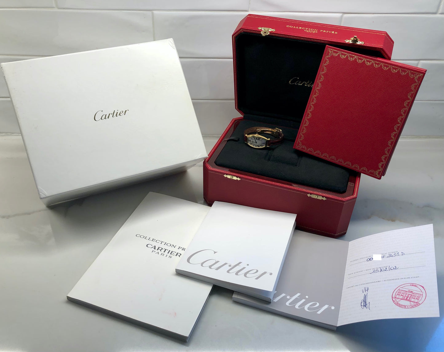 2002 Cartier Tonneau 2451D 18K Yellow Gold Collection Privée Wristwatch with Box and Papers - HASHTAGWATCHCO