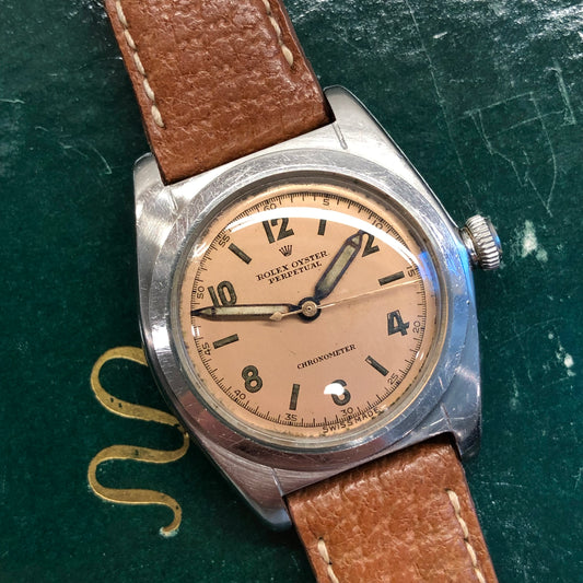 1944 Rolex Bubbleback 2940 Salmon Arabic Dial Steel Automatic Chronometer Wristwatch