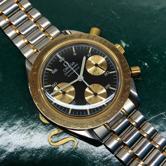 1990s Omega Speedmaster Reduced 175.00.33 Chronograph Steel and Gold Automatic Wristwatch - HASHTAGWATCHCO