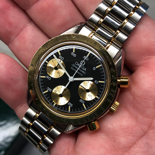 1990s Omega Speedmaster Reduced 175.00.33 Chronograph Steel and Gold Automatic Wristwatch - HASHTAGWATCHCO