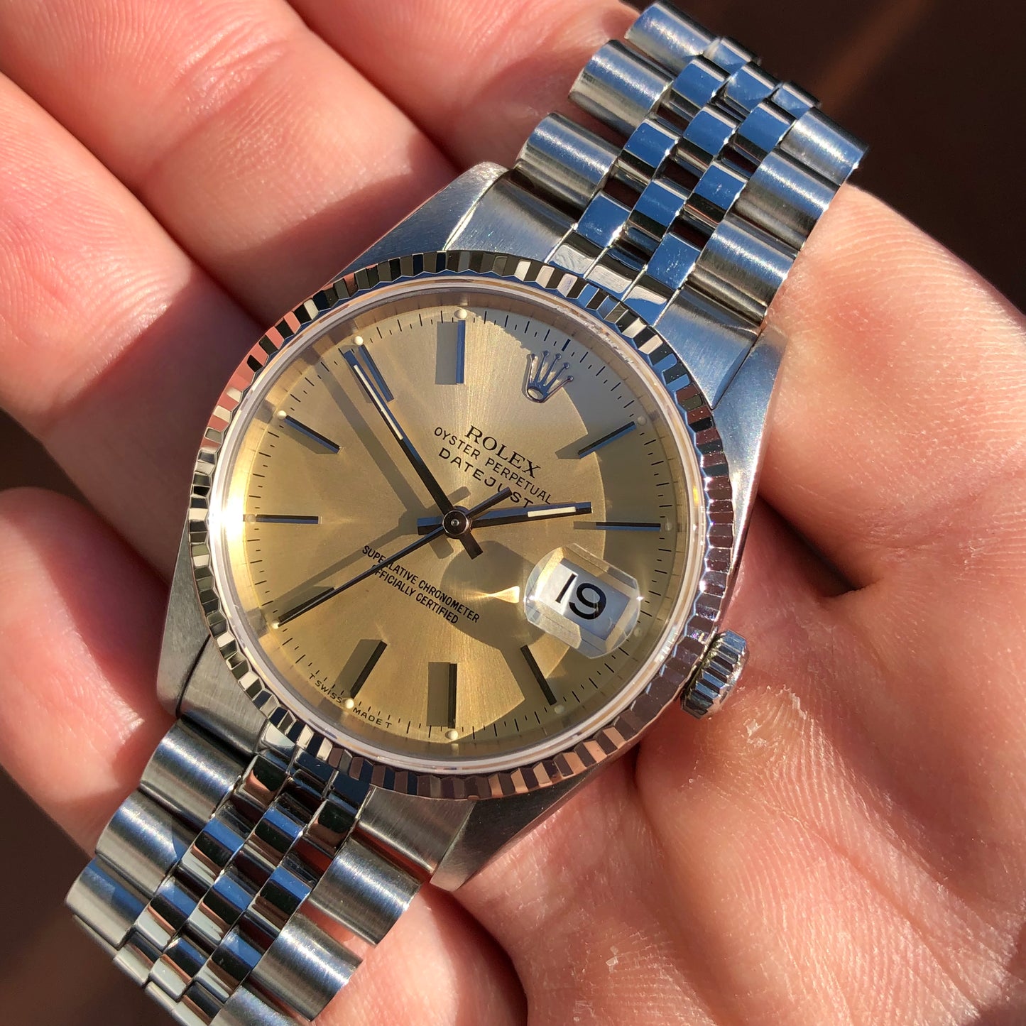 1990 Rolex Datejust 16234 Silver Steel White Gold Fluted Jubilee Wristwatch with Box and Papers - HASHTAGWATCHCO