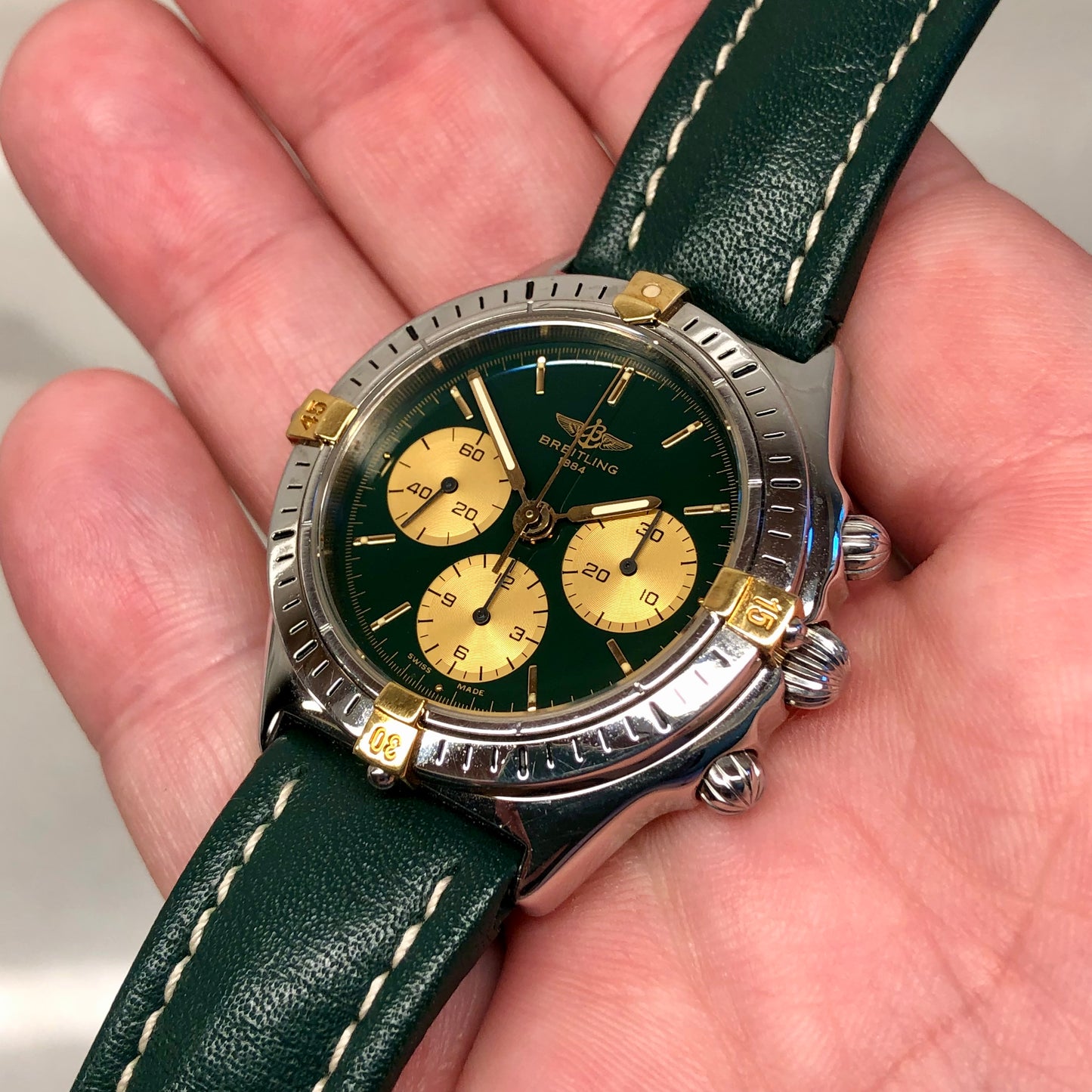 1990s Breitling Callisto B11045 Green Chronograph Caliber 1873 Manual Wind Wristwach - HASHTAGWATCHCO