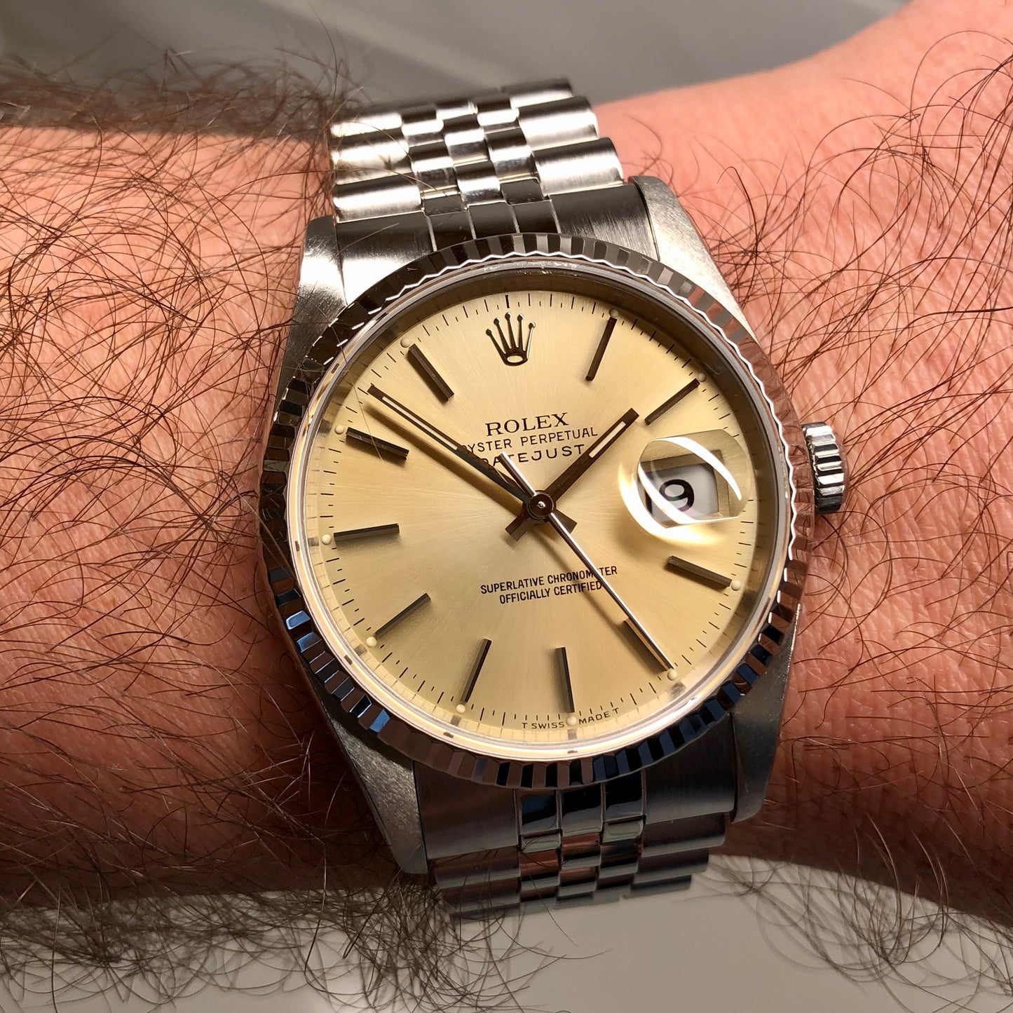 1990 Rolex Datejust 16234 Silver Steel White Gold Fluted Jubilee Wristwatch with Box and Papers - HASHTAGWATCHCO