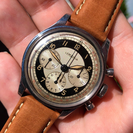 1950s Lemania Exotic Multiscale Dial 27CH Stainnless Steel Chronograph Wristwatch - Hashtag Watch Company