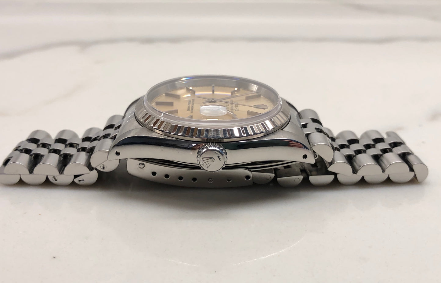 1990 Rolex Datejust 16234 Silver Steel White Gold Fluted Jubilee Wristwatch with Box and Papers - HASHTAGWATCHCO