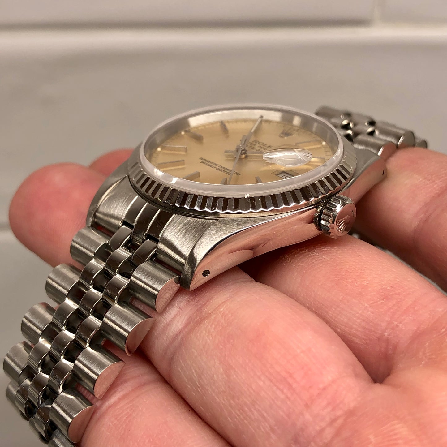1990 Rolex Datejust 16234 Silver Steel White Gold Fluted Jubilee Wristwatch with Box and Papers - HASHTAGWATCHCO