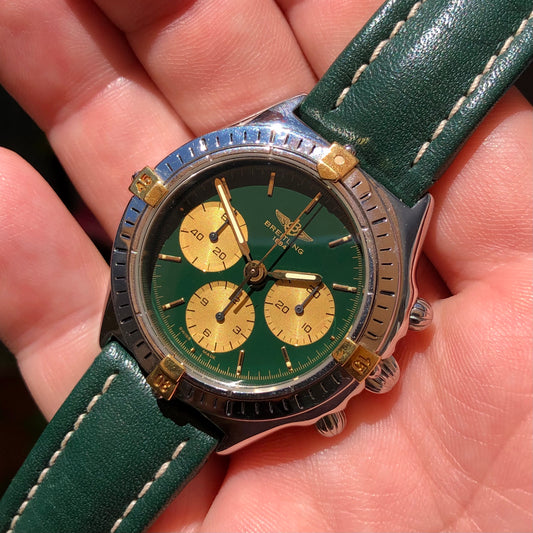 1990s Breitling Callisto B11045 Green Chronograph Caliber 1873 Manual Wind Wristwach - HASHTAGWATCHCO