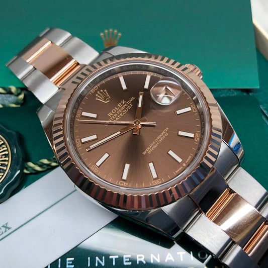 2024 Rolex Datejust 126331 Chocolate Rose Gold Fluted 41mm Two Tone Oyster Wristwatch with Box and Papers - HASHTAGWATCHCO