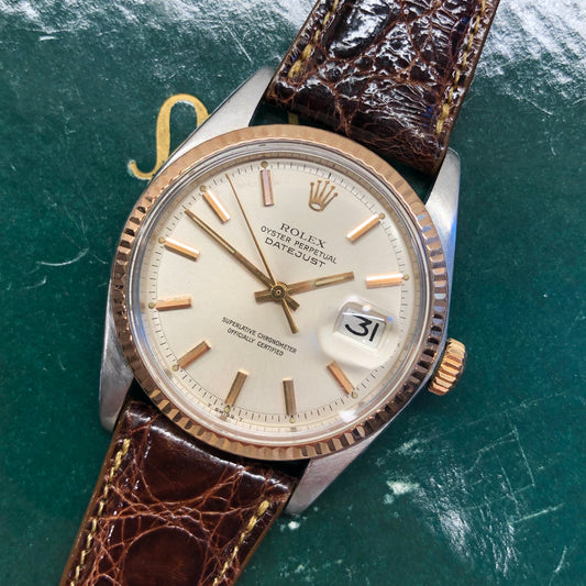 1974 Rolex Datejust 1601 Two Tone Rose Gold Steel Fluted Bezel Wristwatch