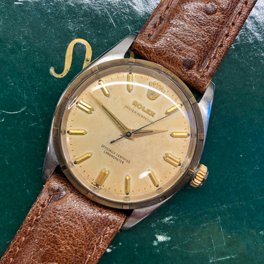 1957 Rolex Oyster Perpetual 6565 Two Tone Engine Turned Bezel Automatic Wristwatch